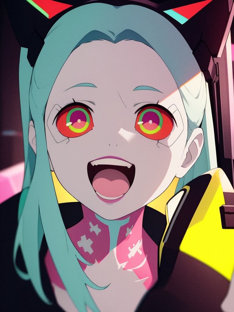 01084-2132437379-cyberpunk rebecca open_mouth solo pink neck tattoo eye smile black jacket close-up face 1girl     _lora_Rebecca2-0000.png